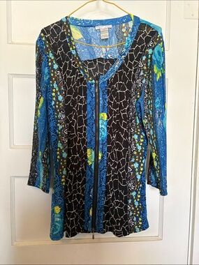 Alberto Makali Blue & Black Patterned Zip-Front Tunic Size M